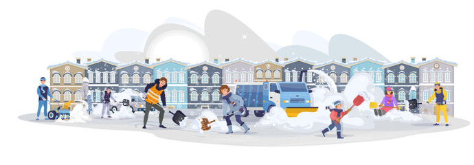 Snow removing in the city. Snow plow cleaning the snowy road. Men, women children cleaning the sidewalk from with shovels and snow blower. Snow drifts in the streets. Horizontal. Flat vector 