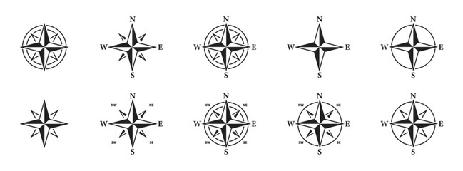 Compass icon set. Set of wind rose icons. Compass symbol collection. Vector illustration.
