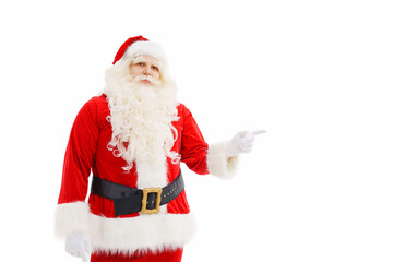 Santa Claus points hand to a place for an inscription on a white background.
