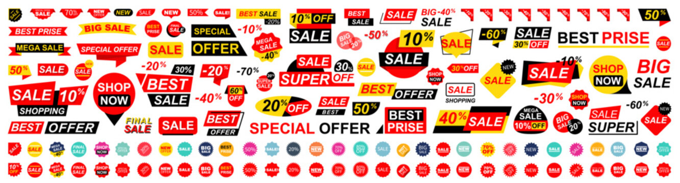 Sale tags collection. Super sale badges and labels. Set ribbon banner and label sticker sale. Template banner shopping badges. Special offer, big sale, discount, best price, mega sale banner set.