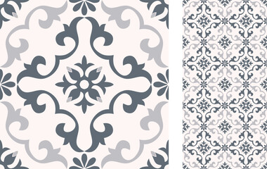 Seamless Azulejo tile. Portuguese and Spain decor. Ceramic tile. Seamless Floral pattern. Vector hand drawn illustration, typical portuguese and spanish tile