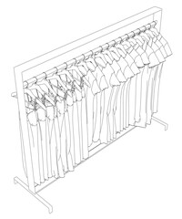Outline of dresses hanging on hangers from black lines isolated on white background. Isometric view. 3D. Vector illustration.