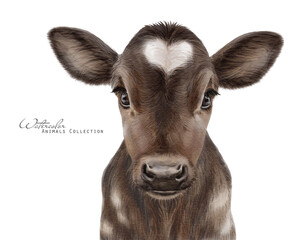 Cow baby. Watercolor young bull. Farm animals illustration - 547924748
