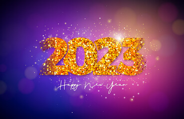 Happy New Year 2023 Illustration with Gold Number and Falling Confetti on Shiny Background. Vector Christmas Holiday Season Design for Flyer, Greeting Card, Banner, Celebration Poster, Party