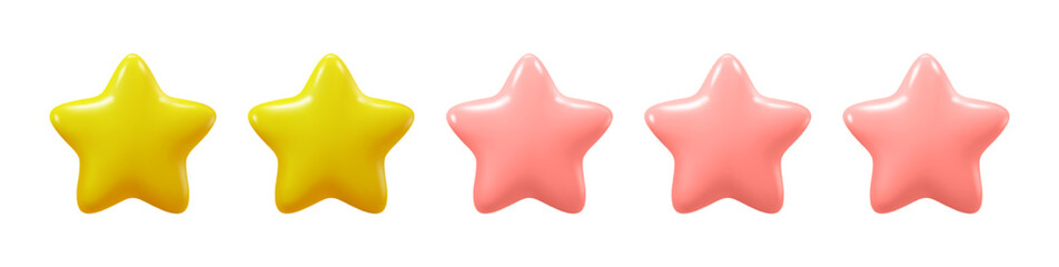 Two golden stars of five, review or feedback from client. Isolated icon of evaluation field with 2 out of 5 points. Bad service or product. Vector in three dimensional 3d style