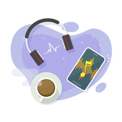 Music listening on cell phone headphones table desk top view concept vector or mobile cellphone playing songs radio streaming app service online graphic illustration image
