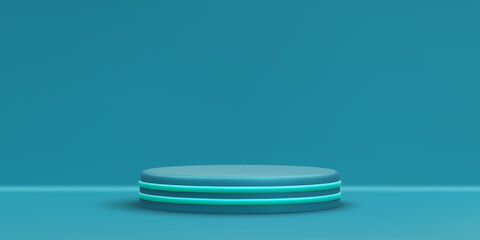 3d realistic blue round podium. Scene and platform on light background. Design pedestal for award and winner. Vector illustration
