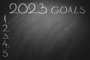 2023 Goals on black board. Chalkboard. Christmas and new year plans