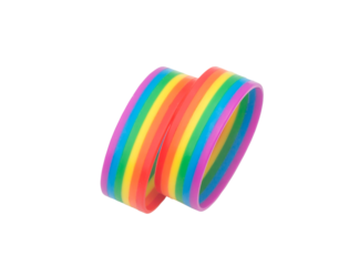 Two colorful rainbow wristband, lgbtq+ symbol isolated on white background with clipping path, Concept of lgbtq+ wristband wearing to support and attend celebration event of lgbtq+ community on Pride