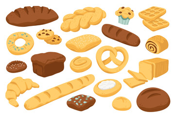 Bakery flat icons set. Tasty desserts. Fragrant bread with seeds and crops, buns, waffles and cookies. Croissants, muffins, cinnabones and french baguette. Color isolated illustrations