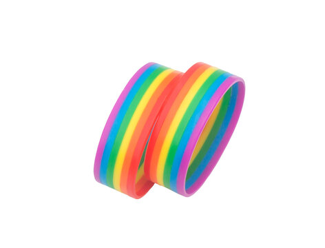 Two colorful rainbow wristband, lgbtq+ symbol isolated on white background with clipping path, Concept of lgbtq+ wristband wearing to support and attend celebration event of lgbtq+ community on Pride 