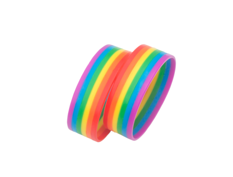 Two colorful rainbow wristband, lgbtq+ symbol isolated on white background with clipping path, Concept of lgbtq+ wristband wearing to support and attend celebration event of lgbtq+ community on Pride