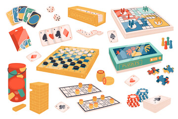Board games flat icons set. Different games for friends. Puzzles, jenga, monopoly, poker, casino, dominoes, uno and chess. Entertainment activities. Color isolated illustrations - obrazy, fototapety, plakaty