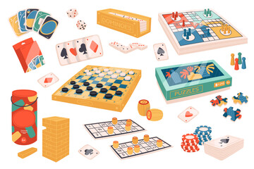 Board games flat icons set. Different games for friends. Puzzles, jenga, monopoly, poker, casino, dominoes, uno and chess. Entertainment activities. Color isolated illustrations