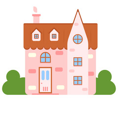 Fototapeta premium Cute illustration of a cartoon bright pink house facade, cottage country. Vector illustration