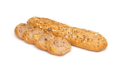Multigrain bread baguette isolated on white background
