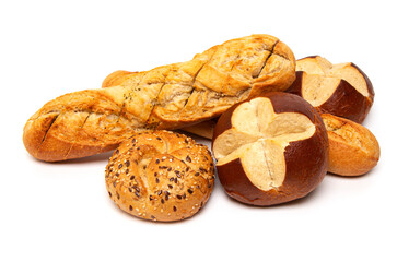 Bakery assortment French baguette, kaiser roll bun, traditional Bavarian pretzel rolls isolated on a white background