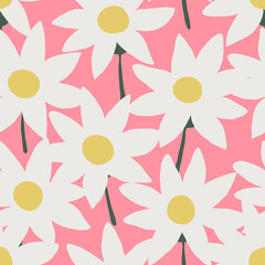 Cute seamless pattern with flowers in white, yellow and green on pink background. - 547927586