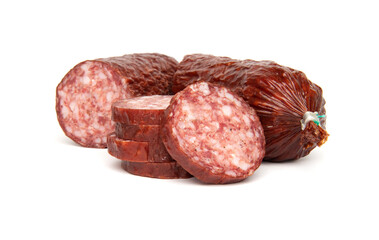 Salami sausage with pork and wild boar isolated on white background