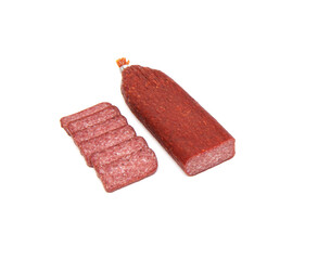 Salami sausage with pork and wild boar isolated on white background