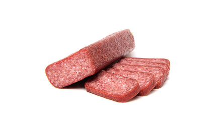 Salami sausage with pork and wild boar isolated on white background