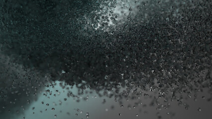 3D rendering of cluster of crystal beads or droplets of water in dark environment. An abstract background