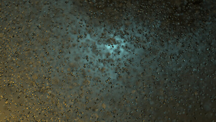 3D rendering of cluster of crystal beads or droplets of water in dark environment. An abstract background