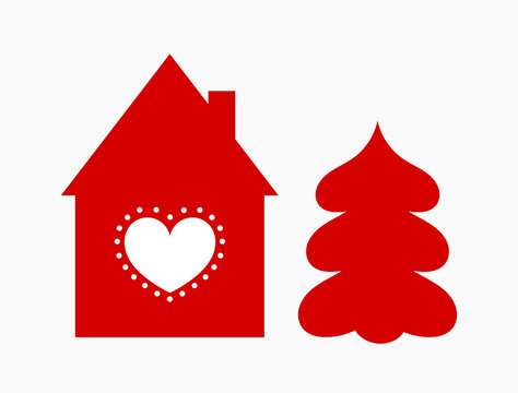Cute fairy tale red house and Christmas tree flat design elements.