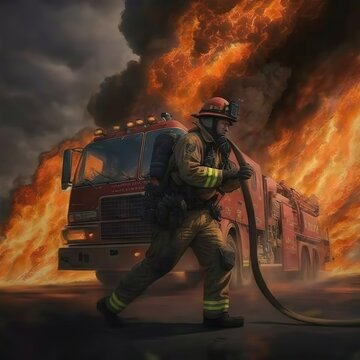 Epic Scene Of A Firefighter Putting Out A Fire