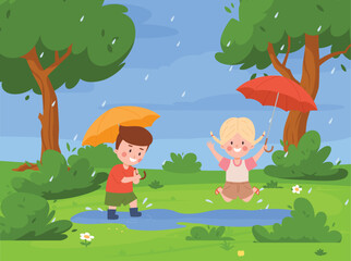 Happy little boy and girl playing in park under umbrellas in rain flat style