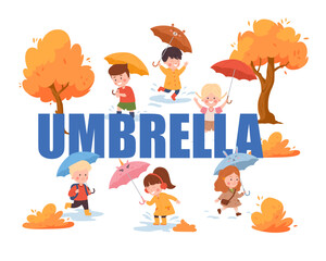 Umbrella typographic header, cute kids under umbrella - flat vector illustration isolated on white background.