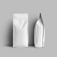 Mockup of a white bag for coffee beans, packaging with a degassing valve, front, side space for...