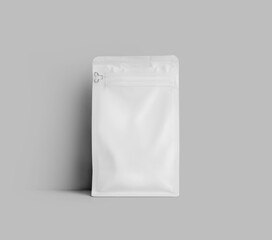 Mockup of a white doy pack for coffee beans, standing near the wall, the package is isolated on the...