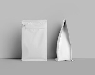 Mockup of white doy pack for coffee beans, set near wall, front, side view, zip pack, isolated on background. © olegphotor