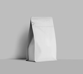 Mockup of a white doy pack for coffee beans, zip packaging near the wall, for design, pattern, branding.