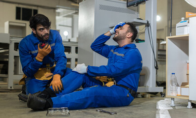 First aid support accident at work of worker at factory. Male worker has an accident on the floor in factory site