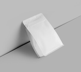 Template of a white doy pack for tea, zip packing diagonally, clouded on the wall, isolated on the...