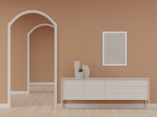 3D interior. Brown room with picture frame and door. 