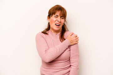 Middle age caucasian woman isolated on white background having a shoulder pain.