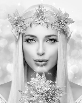 Beautiful woman as a magical fairy for a carnival celebration. Monochrome beauty face portrait in vertical format
