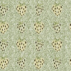 Green marl strawberry vintage seamless pattern. Cottagecore linen retro summer fruit wallpaper. Whimsical sweet healthy berry background. 