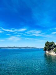 Fototapeta premium Azure sea, sea coastline with evergreen trees, blue seascape background