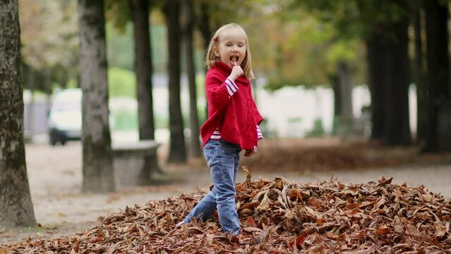Adorable preschooler girl walking in Tuileries garden in Paris, on a fall day