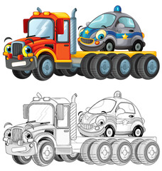 Fototapeta na wymiar cartoon tow truck driving with load other car isolated