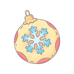 Illustration of a Christmas ball with a snowflake in pastel colors for the New Year and Christmas. Cute illustration in cartoon style isolated on white background for patterns, postcards, and packagin