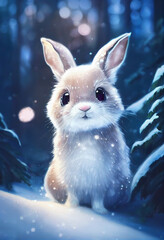 cute funny rabbit on the background of a fabulous winter forest, christmas card
