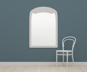 3D interior. Turquoise room with window and white chair.