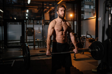 Fototapeta na wymiar One man, young shirtless male weightlifting training in gym alone.