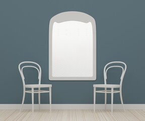 3D interior. Turquoise room with window and white chair.