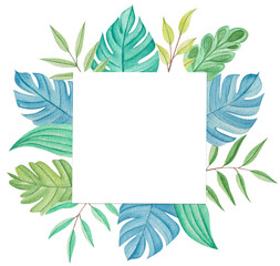 Tropical leaves frame hand drawn watercolor clipart